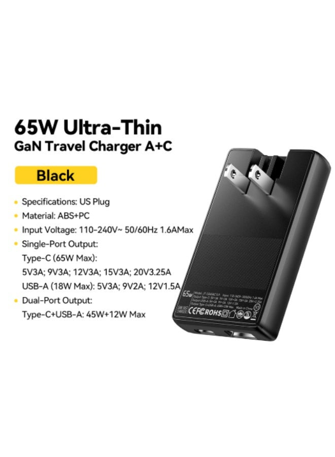 شاحن حائط ESSAGER JT-CG65AC1U1 GaN قوة 65W منفذين PD رفيع أسود