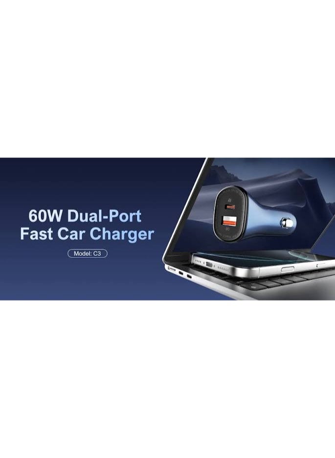 60W Dual Port PD and QC Super Fast Car Charger, USB-C Power Delivery 30W and USB-A Quick Charge 30W Car Charging Adapter