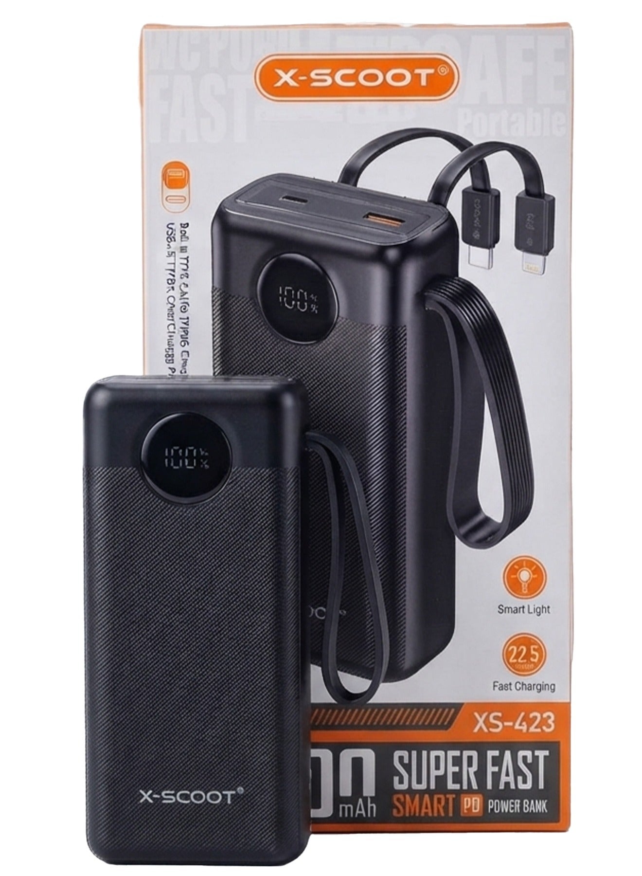 XS-423 30000mAh Power Bank – 22.5W Fast Charging Portable Charger with Built-in Lightning & USB-C Cables, USB-A & USB-C 