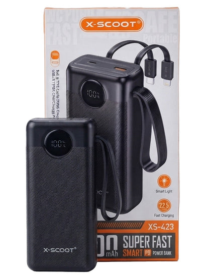 XS-423 30000mAh Power Bank – 22.5W Fast Charging Portable Charger with Built-in Lightning & USB-C Cables, USB-A & USB-C 