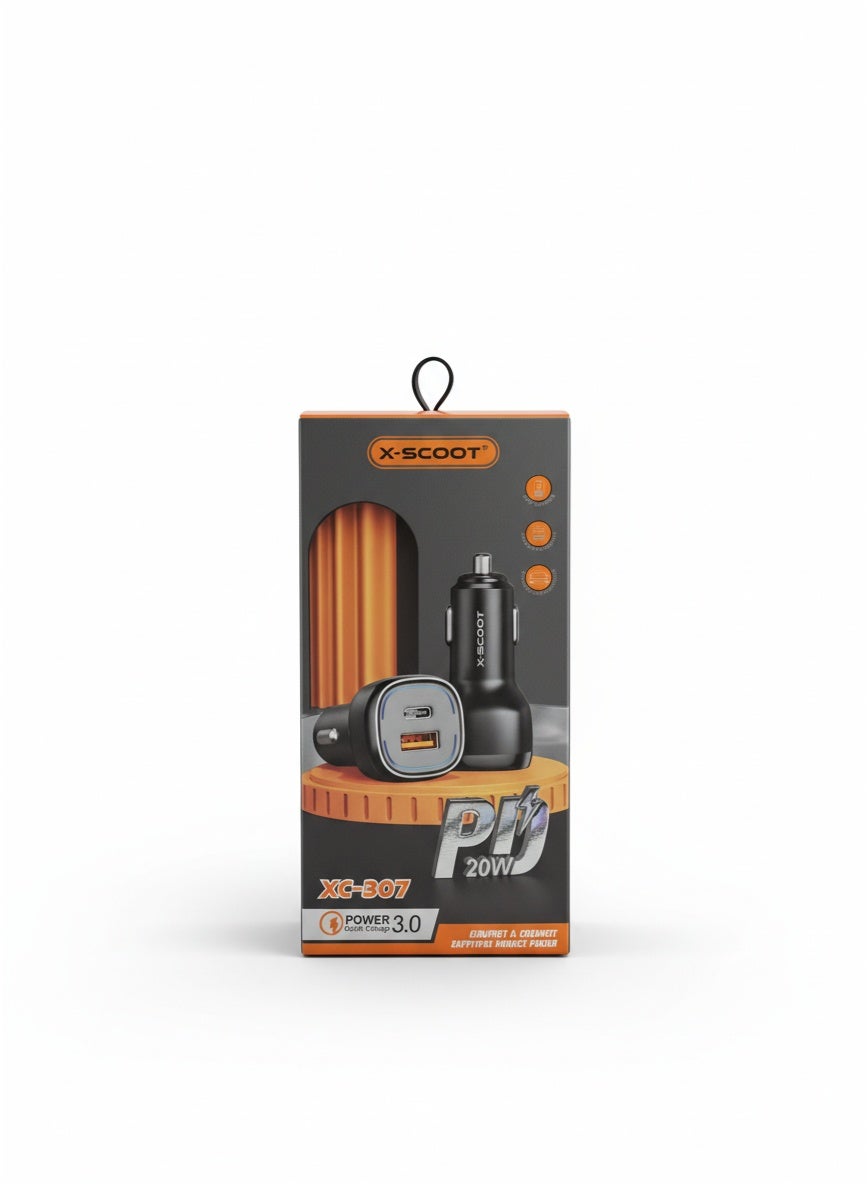 XC-307 20W PD Fast Car Charger with Dual USB Ports (USB-C + USB-A) | Power 3.0 Quick Charge, Super Fast Charging for iPh