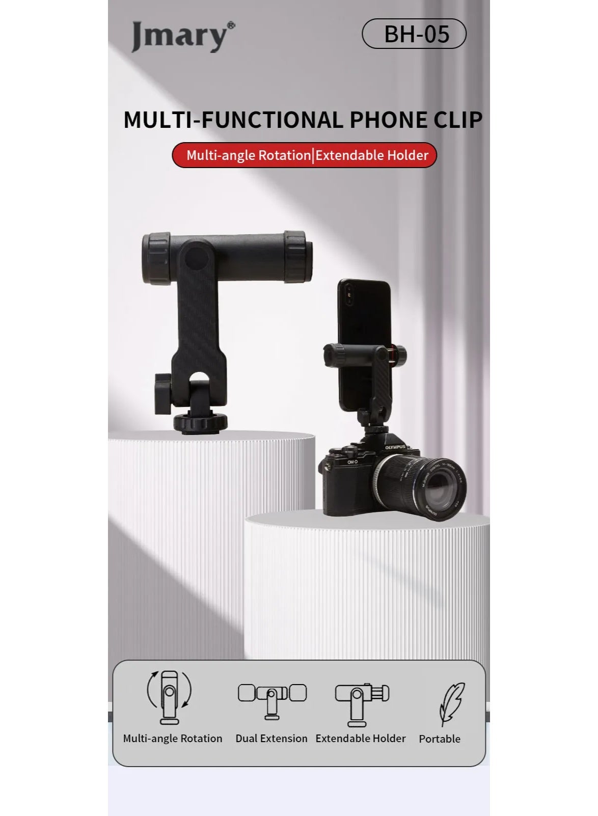 Mobile Phone Holder BH-05 with 2 Cold Shoe Ports , Lightweight and Durable ABS Design , Secure Mount for 55-90mm Width M