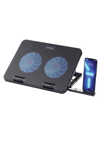 Standard Laptop Cooler Support ICE-02 With blue Led of fans - With Fan speed controller (Roller switch ON/OFF) , 2USB ports & 5 Levels ( 360*255*28mm )