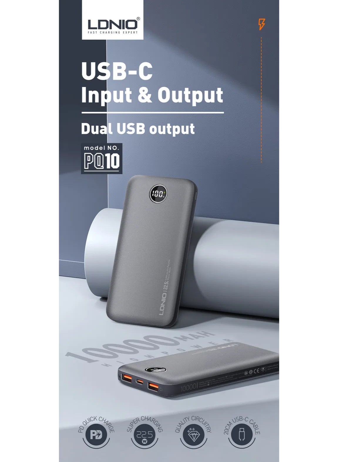 PQ10 10000mAh Fast Charging Power Bank with 22.5W USB Output, 18W USB-C Input, Dual USB Ports, LED Digital Display, Ultr