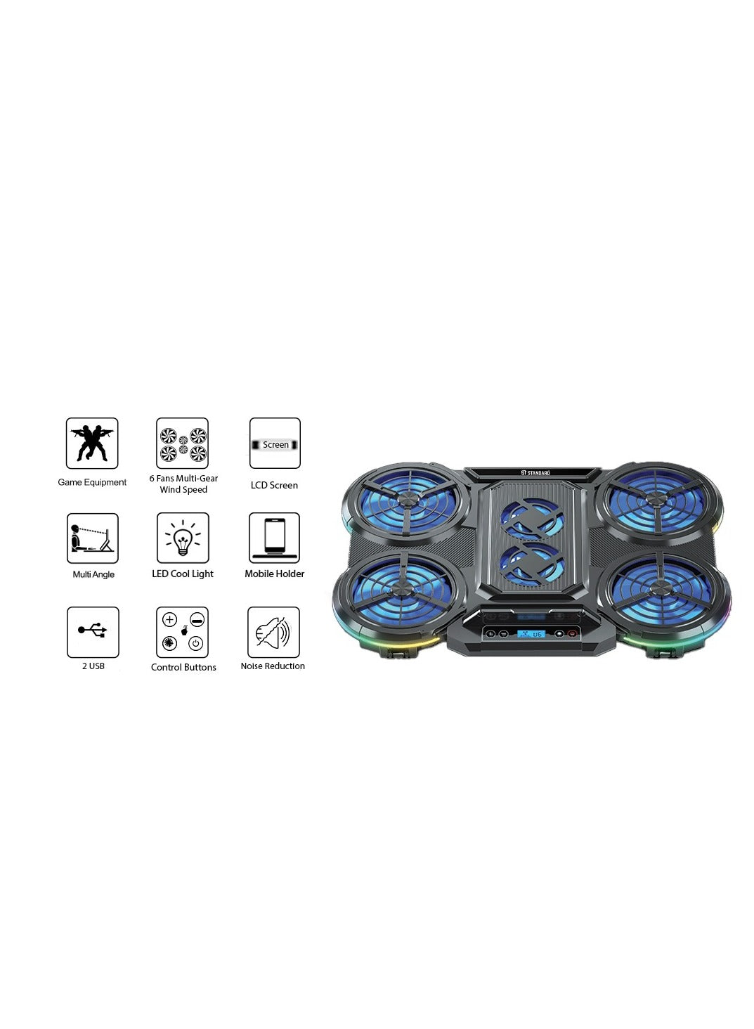 Standard Laptop Cooler Support ICE-08 With 10 RGB Lighting Modes , LCD Screen - With blue Led of fans , 2USB ports & 7 Levels And mobile phone holder ( 410x285x40mm )