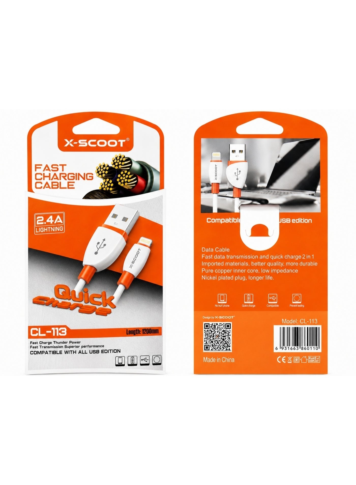 كابل شحن X-SCOOT CL113 Lightning قوة 2.4A طول 1.2m أبيض