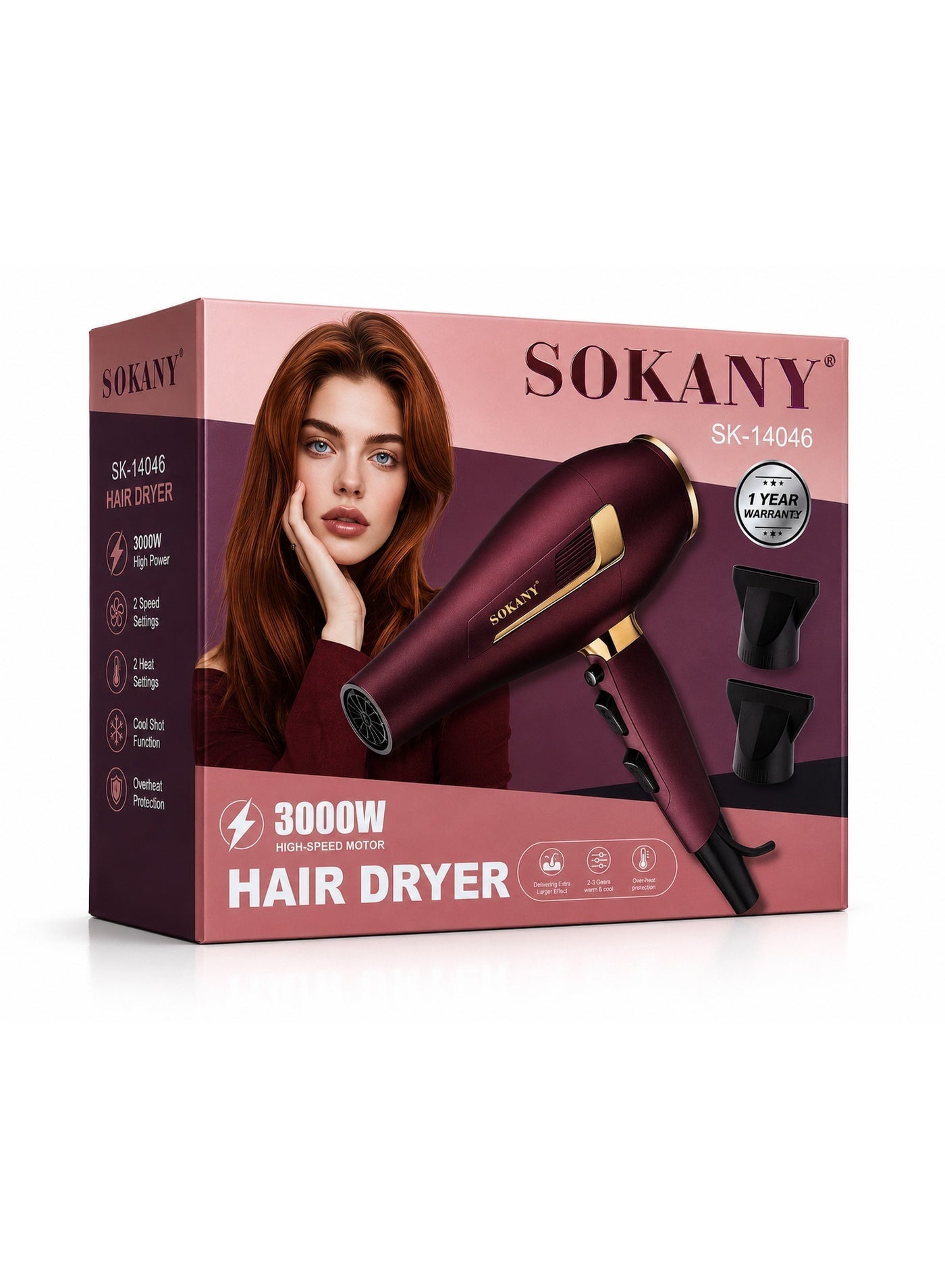 SK-14046 Professional Ionic Hair Dryer 3000W, Overheat Protection & 2 Styling Attachments, Fast Drying, 2 Speeds & 2 Hea