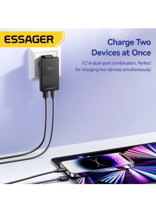 شاحن حائط ESSAGER JT-CG65AC1U1 GaN قوة 65W منفذين PD رفيع أسود