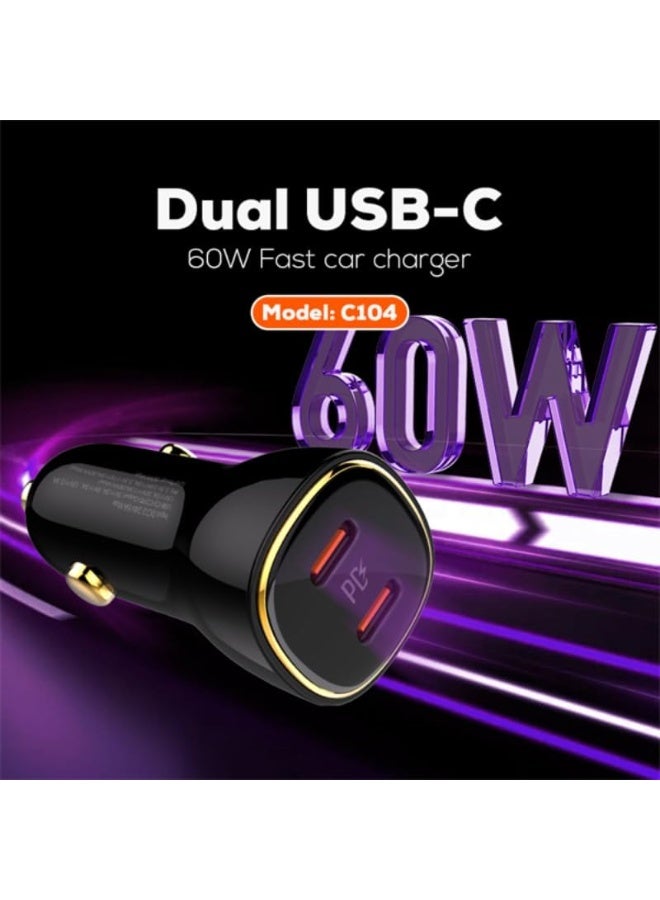 60W Dual Port Super Fast Car Charger with PD 30W USB-C and QC 30W USB-A Fast Charging, USB-C to USB-C Cable Included, Hi