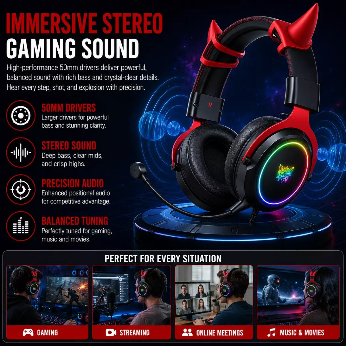onikuma X10 RGB Wired Gaming Headset Detachable Horns & Mic