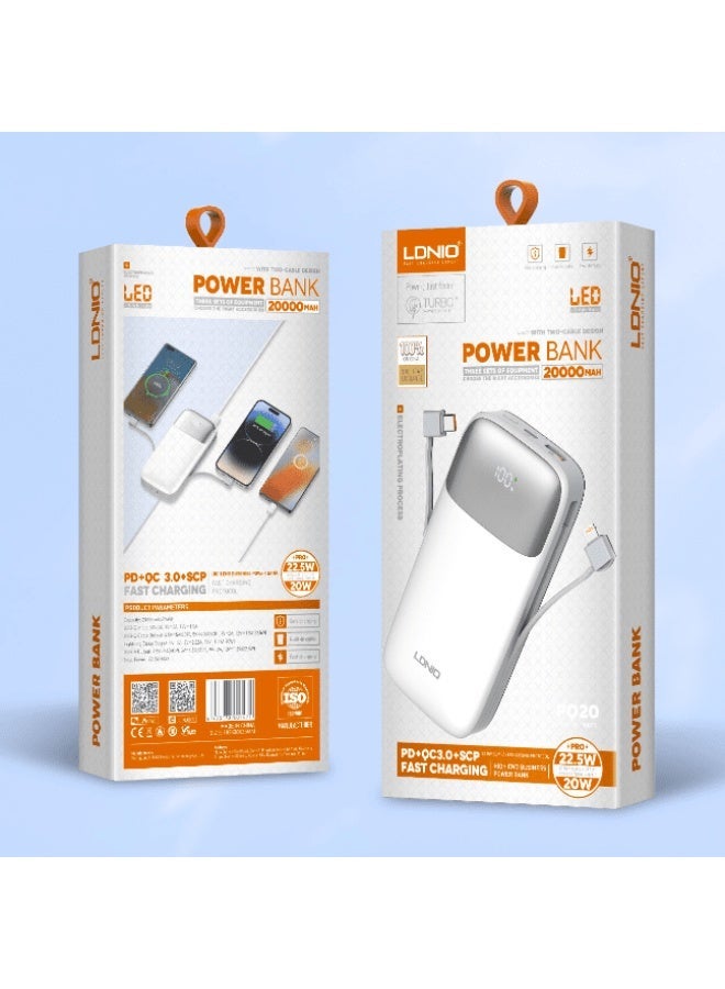 PQ20 20000mAh Fast Charging Power Bank with Built-In Charging Cables, 22.5W USB-C PD Output, 18W USB-C Fast Input, LED D