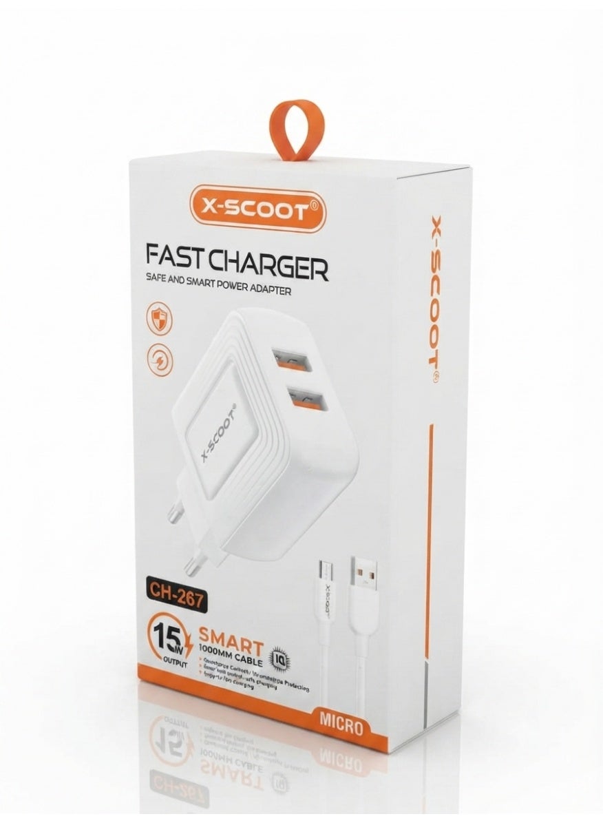 CH-267 USB Fast Wall Charger with Micro USB Cable – Smart IC Fast Charging Power Adapter, Travel Charger with Overcharge