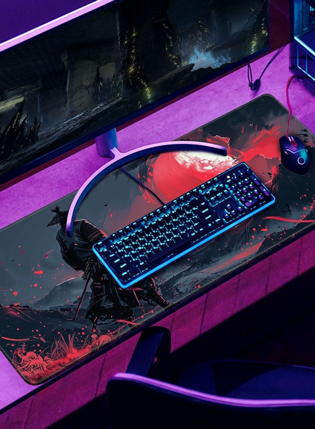 Black Desk Mat Japanese Samurai Mouse Pad Large Red Anime Big Mousepad Gaming Large Mouse Pad for Men Desk Pad with Stit