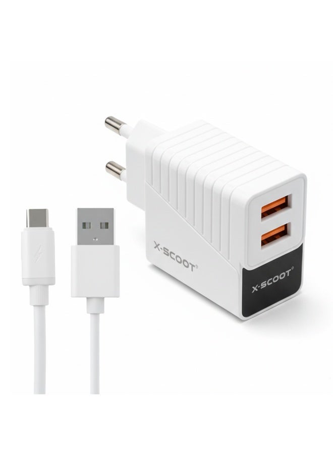 CH-232 LED Fast Charger 2.4A with Dual USB Ports, Included Type-C Cable, Fire-Resistant Build, and Advanced Current Prot