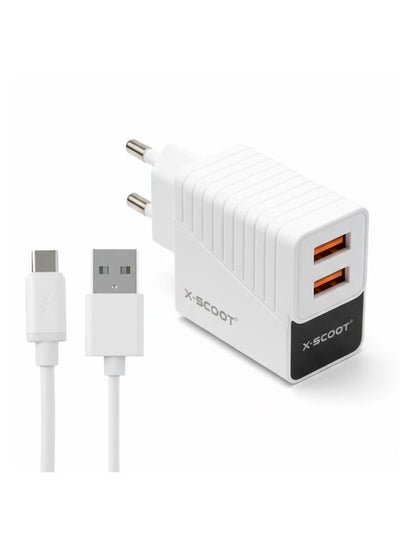 CH-232 LED Fast Charger 2.4A with Dual USB Ports, Included Type-C Cable, Fire-Resistant Build, and Advanced Current Prot