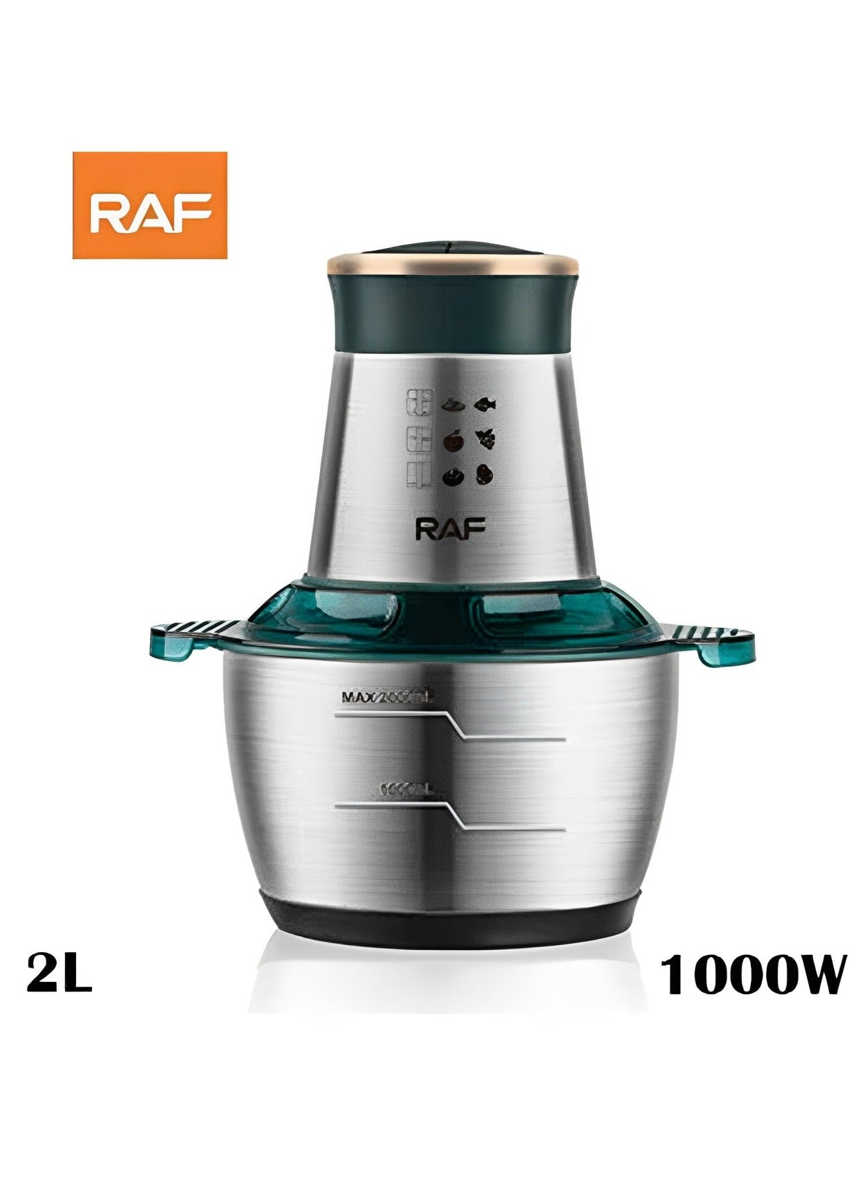 RAF Stainless Steel Food Processor, Stalis Bowl, 1000 Watt, 2 Liters, Powerful R.7029 Motor Chops Vegetables, Grinds Meats and Processes Sauces Quickly