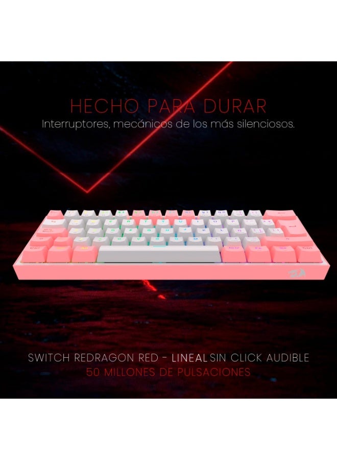 كيبورد جيمنج Redragon K616 Fizz Pro ميكانيكال 60% أبيض ووردي