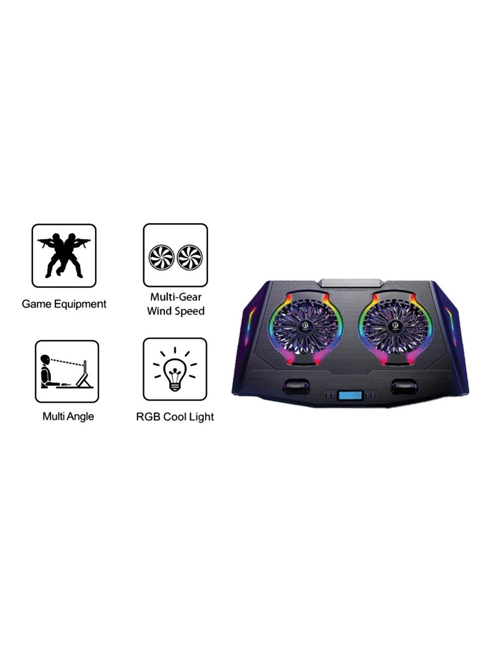 Standard Laptop Cooler Support ICE-07 With RGB Cool Light in both sides - 7 flowing lights mode , LCD Screen - 2 Fans Multi-Gear - Multi Angle , 2USB ports & 5 Levels And mobile phone holder , Foldable Anti-Skid Baffle ( 461*294*52mm )