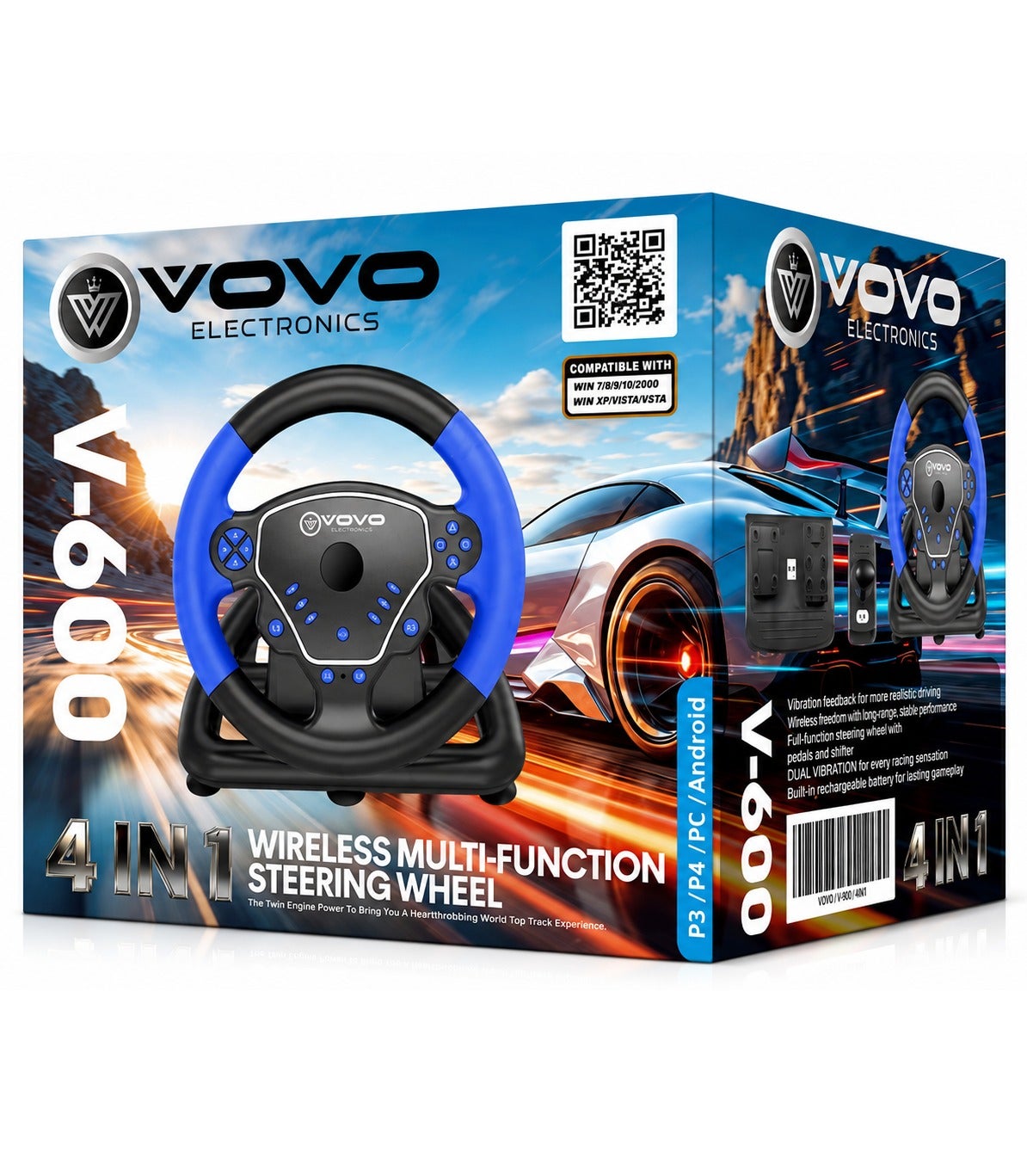 V-600 Wireless Racing Steering Wheel, 4-in-1 Driving Simulator Gaming Wheel with Gear Shifter, Gas & Brake Pedals, Dual 