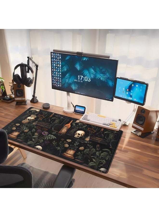 Vintage Aesthetic XL Extended Large Gaming Mouse Pad - Black Academia Mystical Green Plant Design - Computer Laptop Keyb