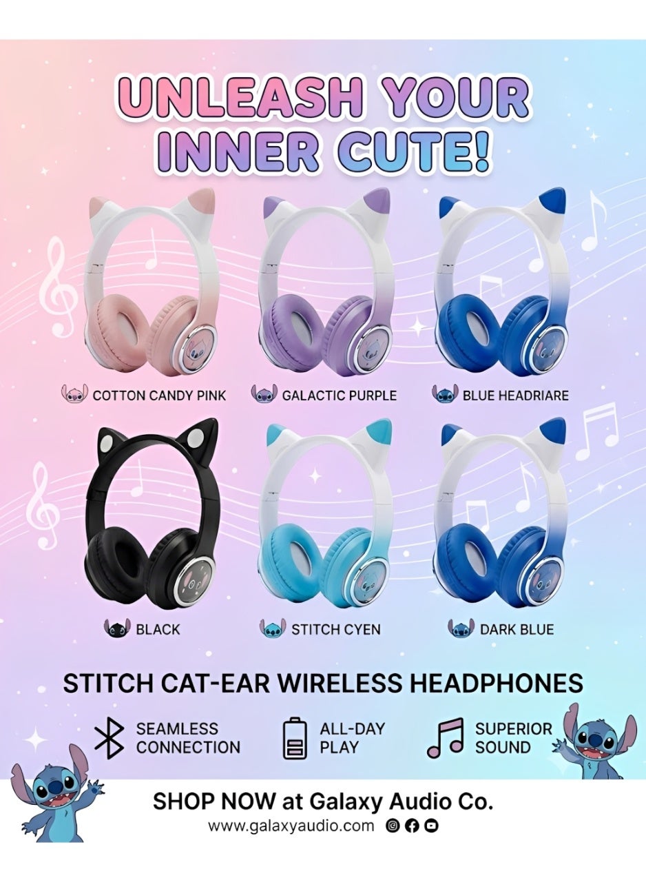 M33 Cat Ear Wireless Bluetooth Headset with RGB Lighting, HD Stereo Sound, Built-In Microphone, 3.5mm AUX, USB-C Recharg