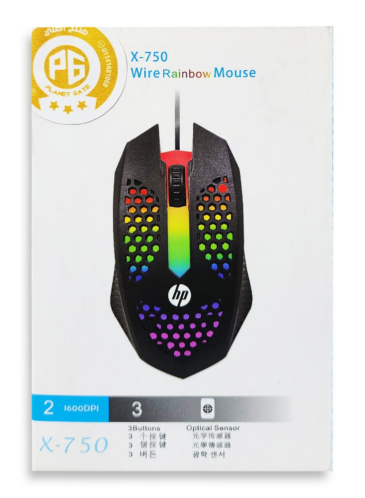 HP Wired Mouse Gaming 4 Button ,7 Color LED , 1600DPi - BLack X-750