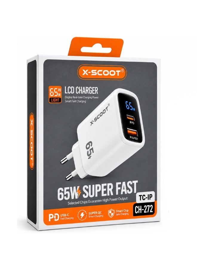 CH-272 65W Smart Fast Wall Charger with LCD Power Display, Dual-Port USB-C & USB-A Charging Adapter, AC 100–240V Travel 