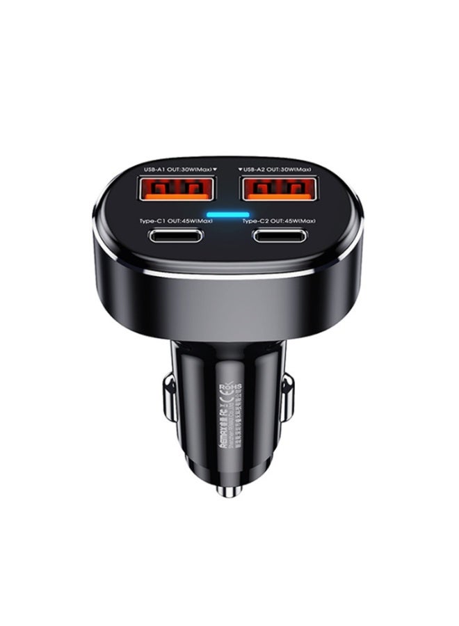 75W Fast Car Charger RCC329 with 4 Ports (2 Type-C + 2 USB), Dual Output PD + QC, Smart Protection & LED Indicator , Com