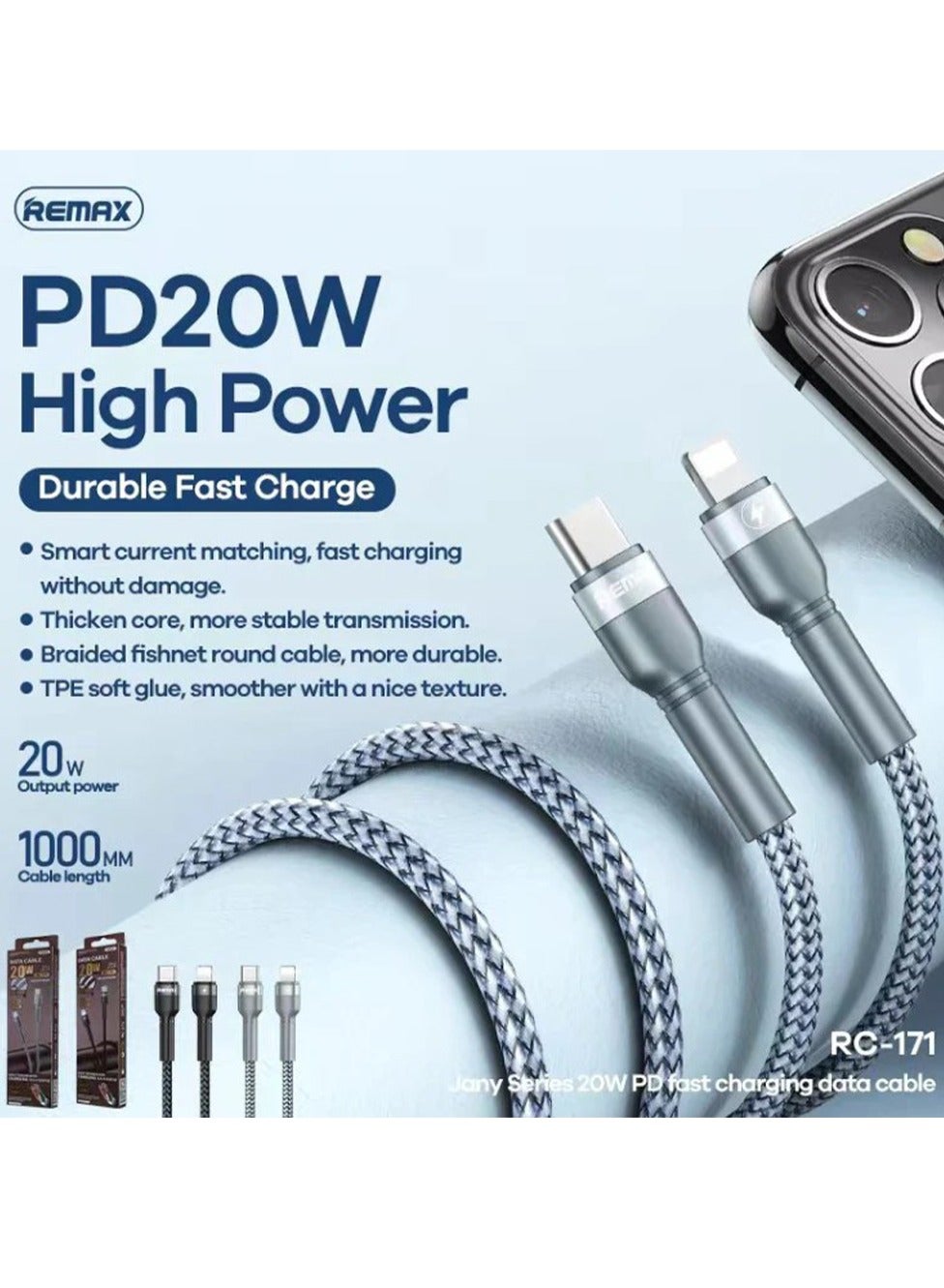 Fast Charging and Data Cable, RC-171 Ganey Series 20W PD TYPE-C to IPH (1M), iPhone Cable, Lightning Cable, PD Cable, Fa