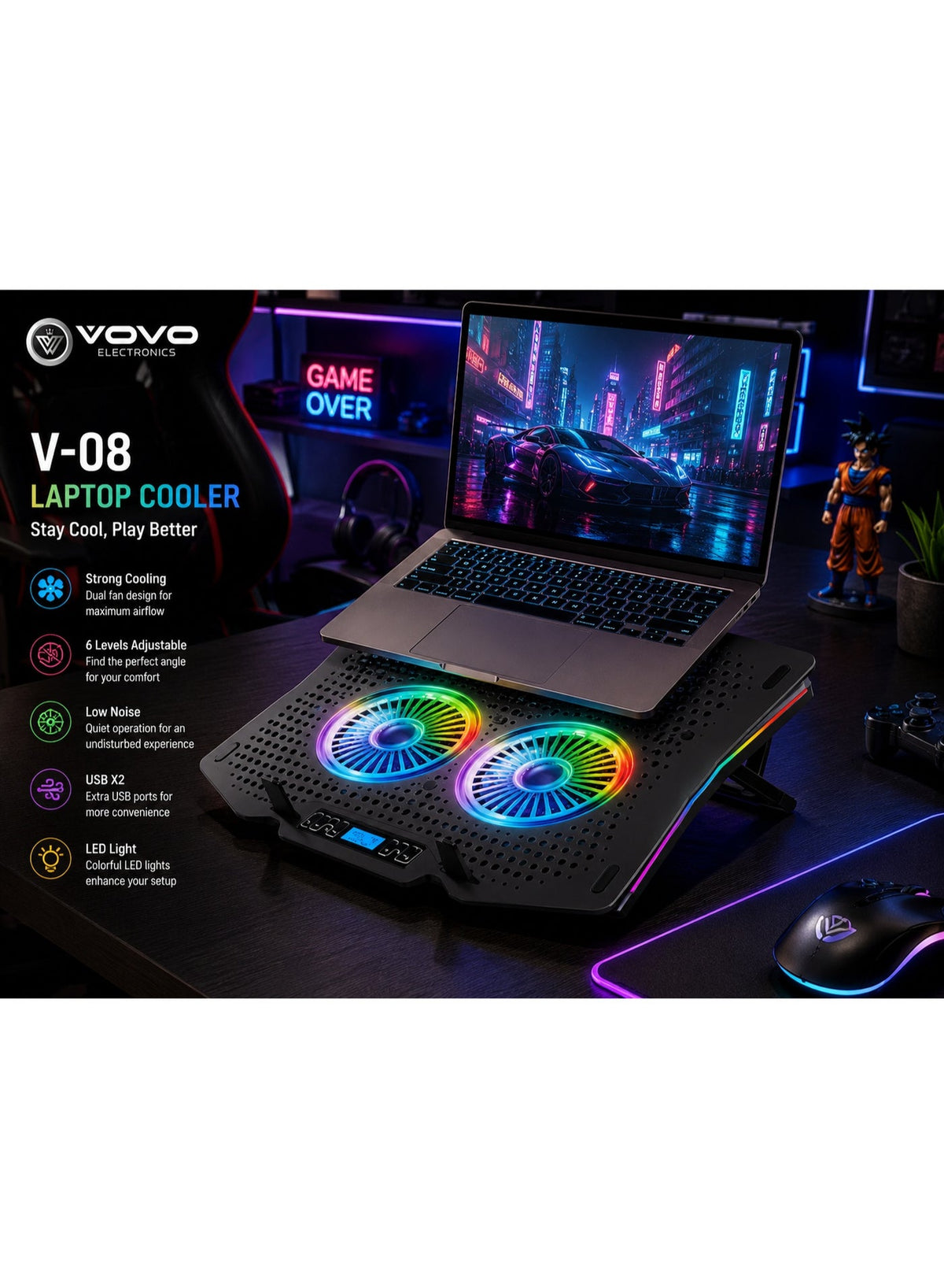 V-08 Laptop Cooling Pad with Dual 140mm Silent Cooling Fans, LED LCD Display, Adjustable Fan Speed Control, 7 Angle Ergo