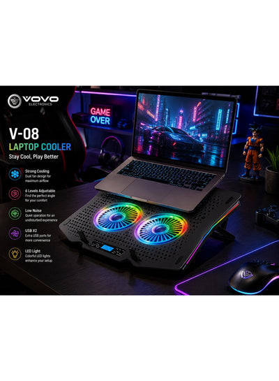 V-08 Laptop Cooling Pad with Dual 140mm Silent Cooling Fans, LED LCD Display, Adjustable Fan Speed Control, 7 Angle Ergo