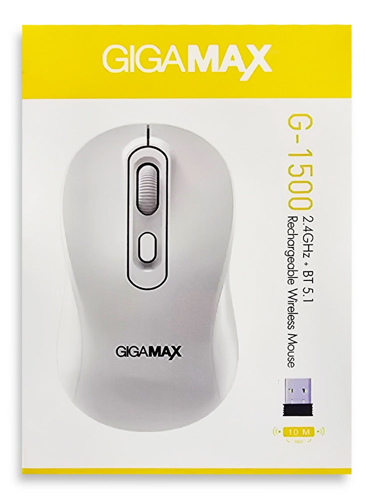 Gigamax Wireless Desk Mouse, G-1500, 1600 DPI Wired/Wireless Functional Mouse with 3 Modes Connectivity, Bluetooth and 2.4G Wireless, 4 Macro Buttons, Long Lasting Rechargeable Battery Capacity and for PC/Mac/Laptop Used in... Home and office, white