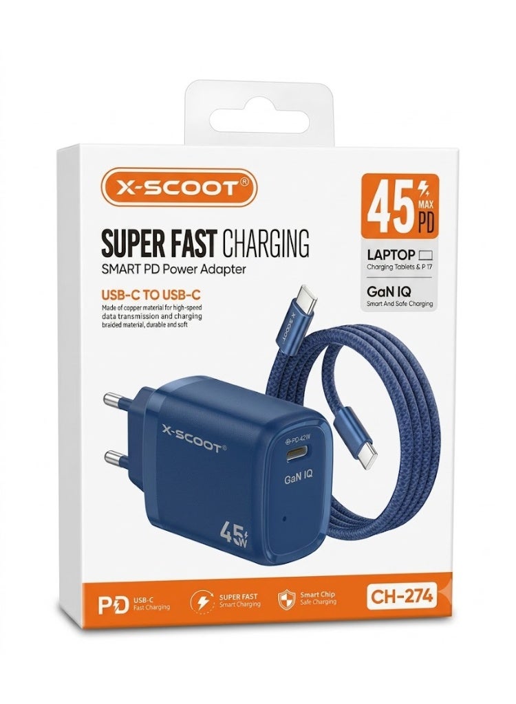 شاحن حائط X-SCOOT CH-274 GaN 45W كابل Type-C مضفر أزرق