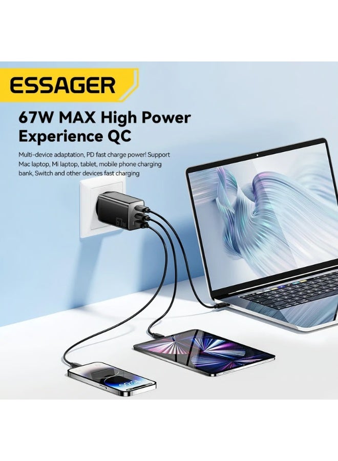شاحن حائط ESSAGER JT-G67TC2U1 GaN قوة 67W منفذ Type-C PD3.0 أسود
