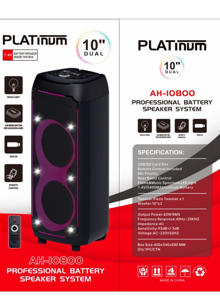 Professional Battery Powered Speaker System, 10" Deep Bass Boost Control, 7.4V/5400mAh Lithium Battery, Bluetooth, SD Ca
