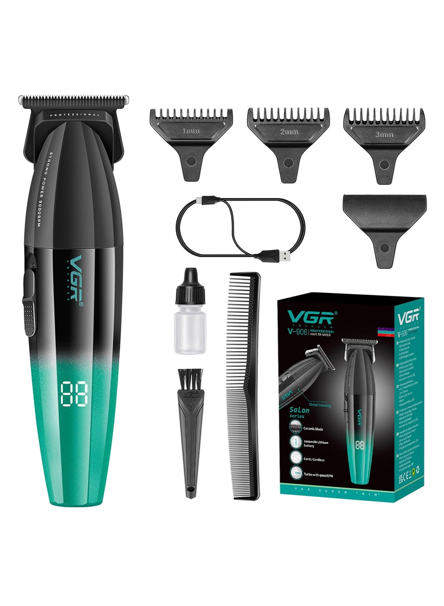 VGR Fresh Fade Professional Hair Trimmer, 9000rpm Zero Gapped Beard Trimmer for Men, DLC T-Blade Cordless Hair Clipper/Trimmer for Barbers and USB Rechargeable, Green V-906