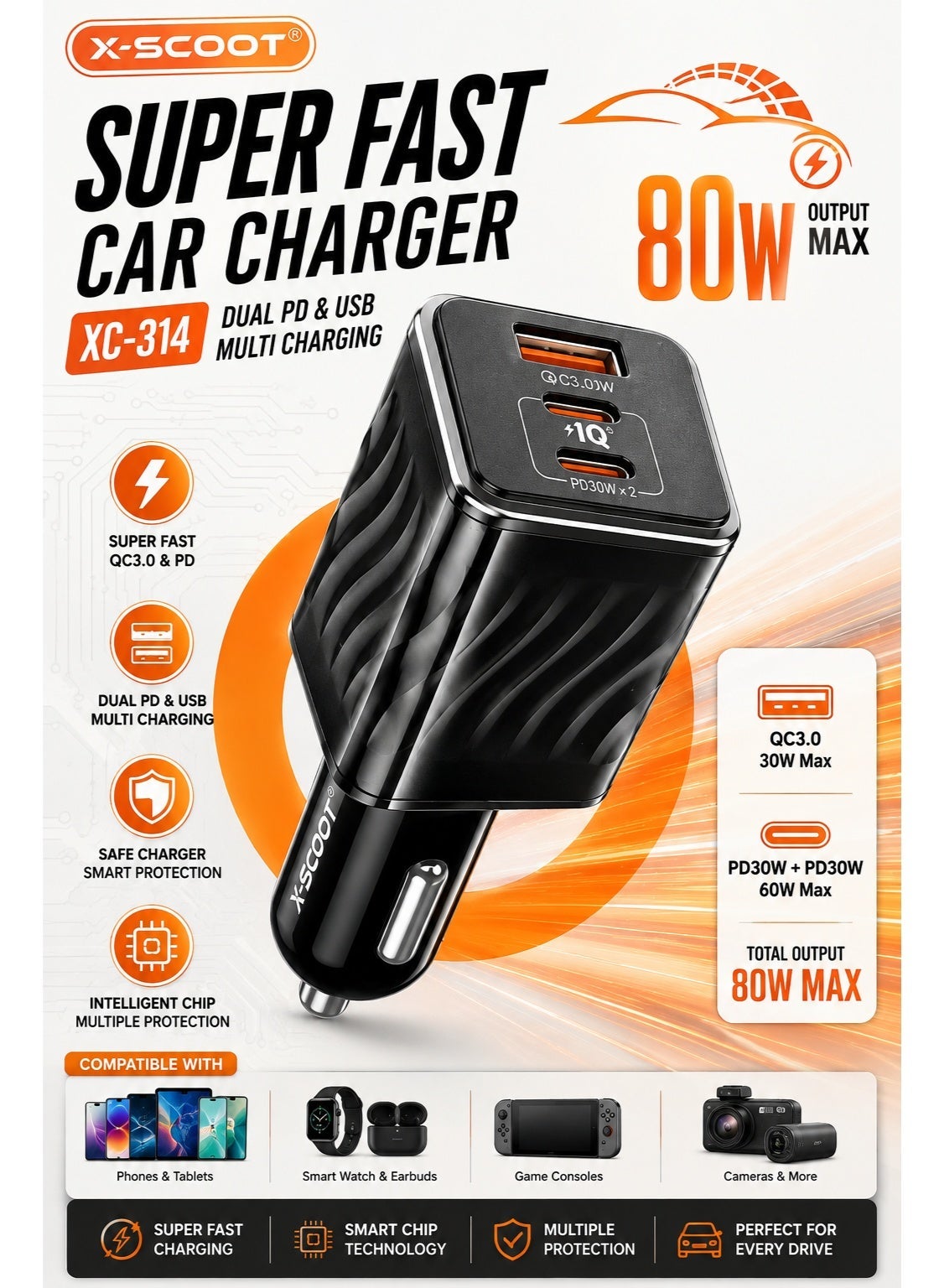 XC-314 80W PD Fast Car Charger with Power 3.0 Quick Charge, 1 USB & 2 Type-C Ports, Super Fast Charging for iPhone, Sams