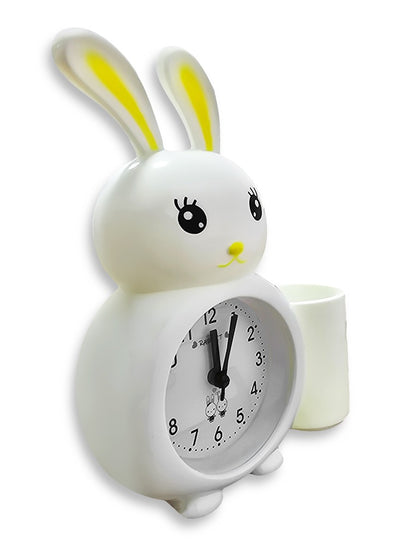 Charming small cartoon alarm clock, suitable for office decor, special gift, bedroom decor, cute rabbit-shaped design with a pen holder, in cheerful white color to suit everyone