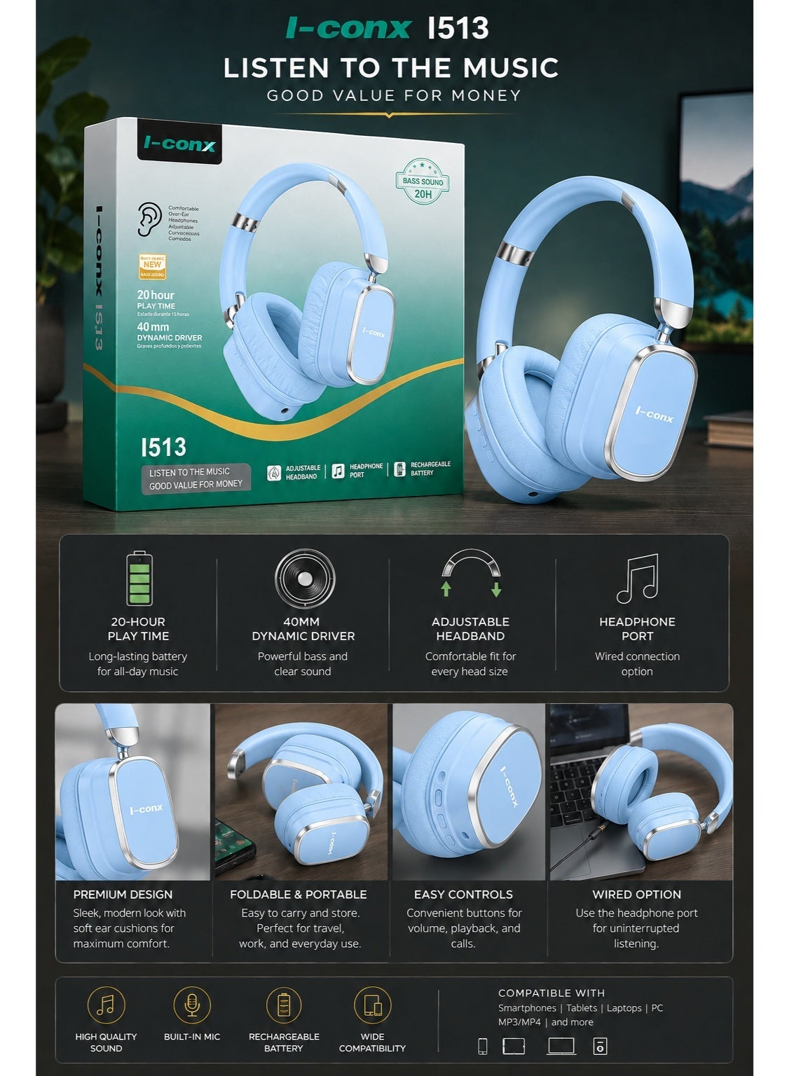 I513 Wireless Bluetooth Headphones – 40mm Drivers, Deep Stereo Bass, Noise-Reducing Mic, Bluetooth, TF Card, Type-C Char