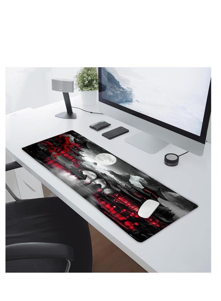 aportt Japanese Mouse Pad Riverside Full Moon Extended Desk Mat Black Red Large XL Mousepad Non-Slip Rubber Base Stitche