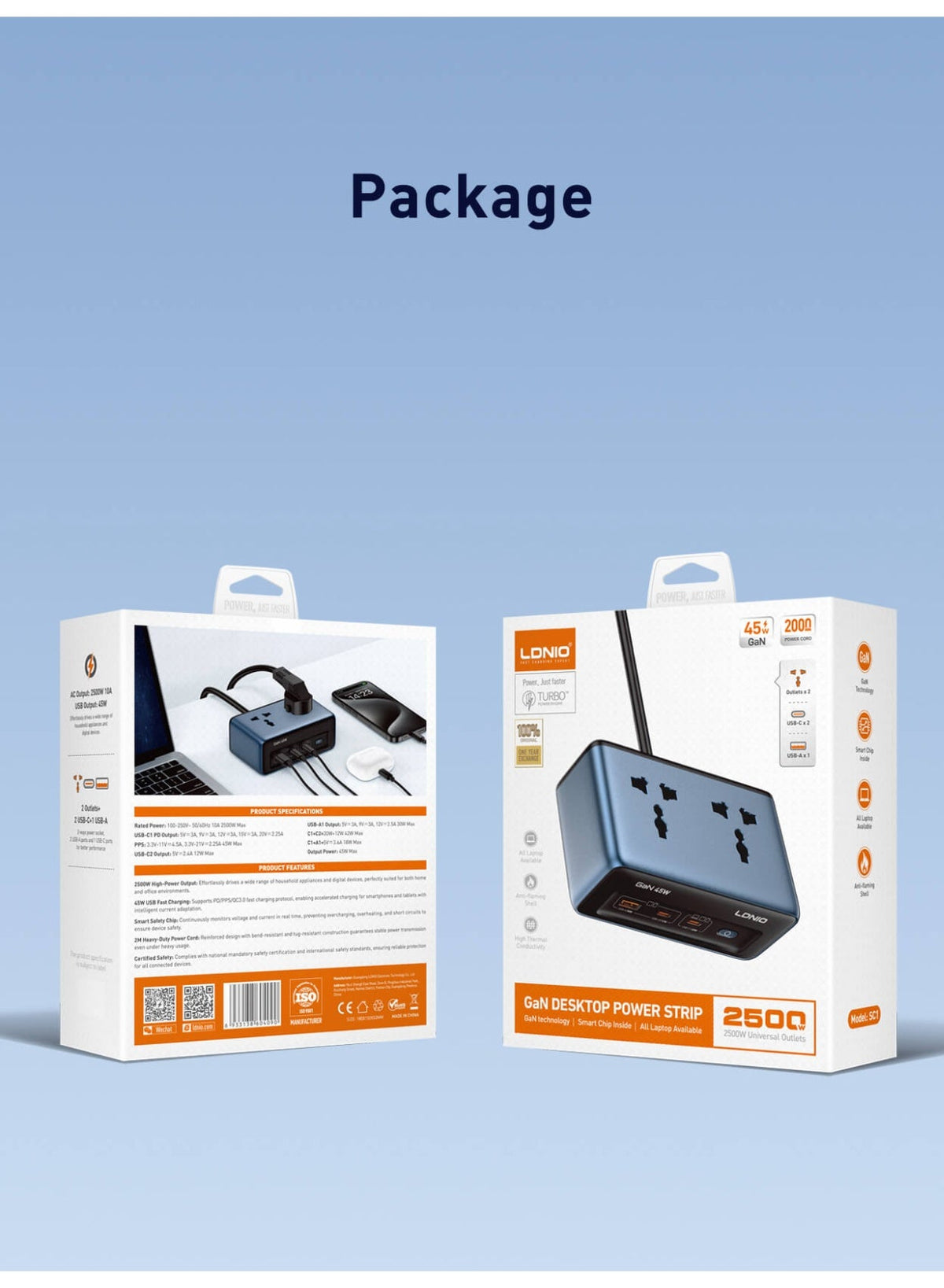 Universal Power Strip with 45W GaN Fast Charging, 2 USB-C and USB-A Charging Ports, 2500W Extension Socket, Desktop Powe