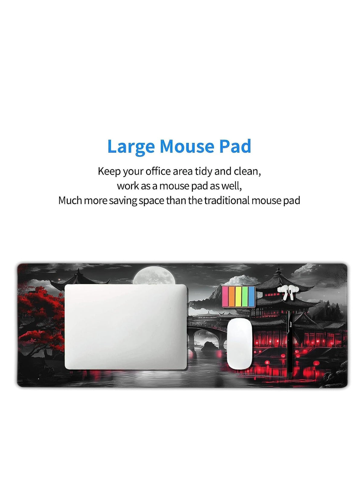 aportt Japanese Mouse Pad Riverside Full Moon Extended Desk Mat Black Red Large XL Mousepad Non-Slip Rubber Base Stitche