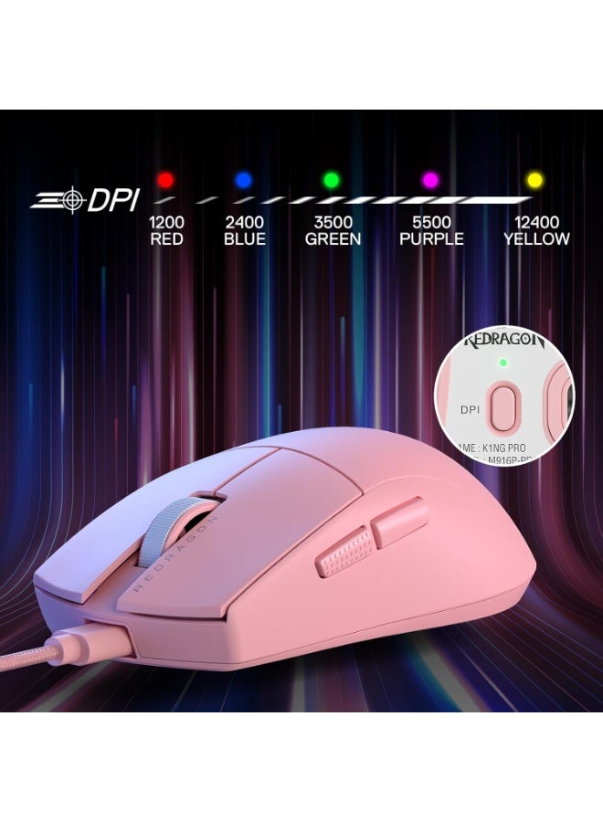 K1NG M724 Wired Gaming Mouse, 42G Ultra-Light 12,400 Max DPI Optical Gaming Mouse with 5 Programmable Buttons, Ergonomic