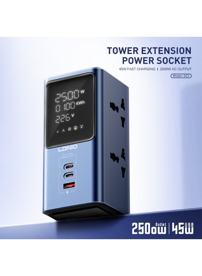Universal Power Strip with 45W PD Fast Charging, 2 USB-C and USB-A Charging Ports, 2500W Extension Power Socket, Multi P