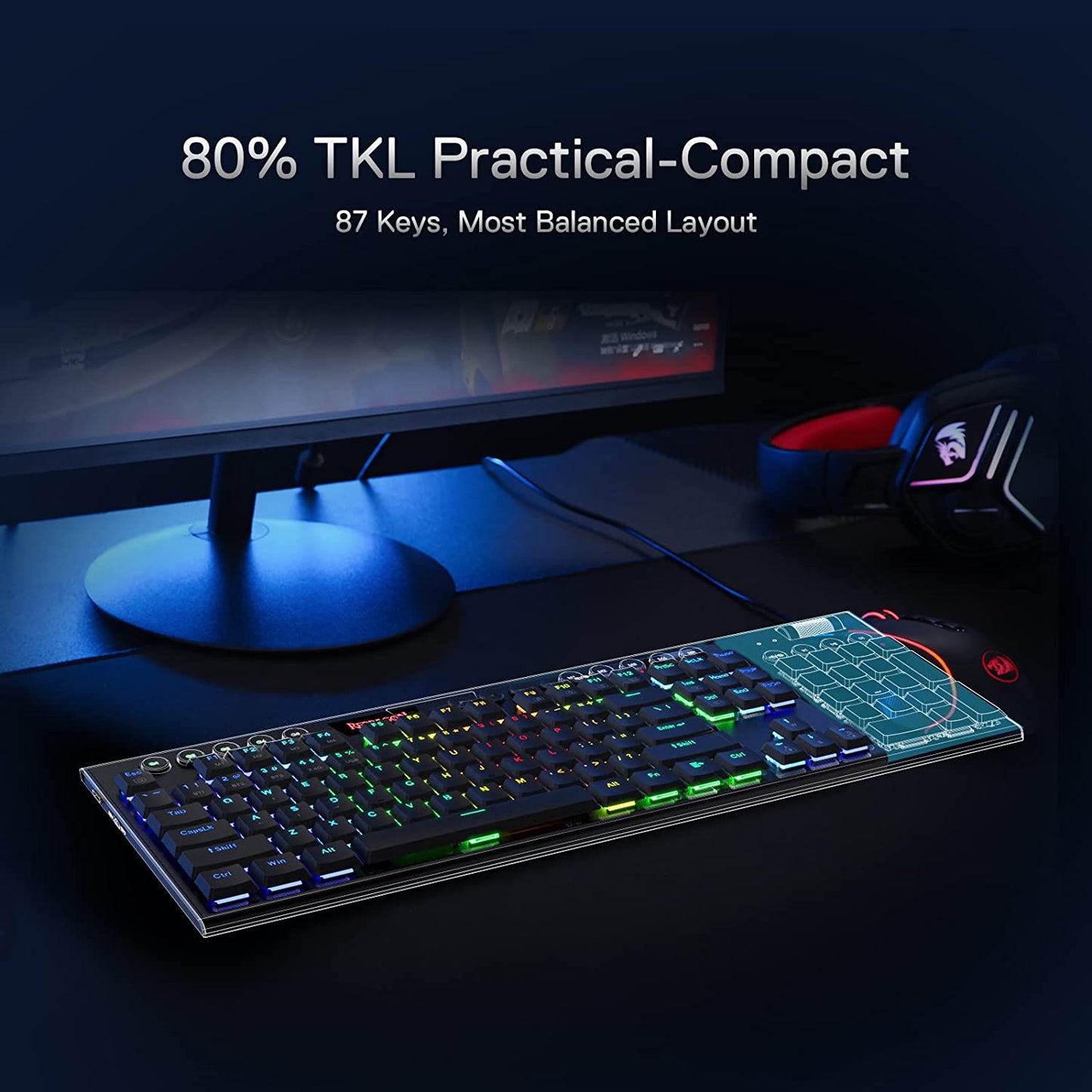 REDRAGON K621 Horus TKL RGB Gaming Wireless Mechanical Keyboard, Low Profile Red Switches (Black)