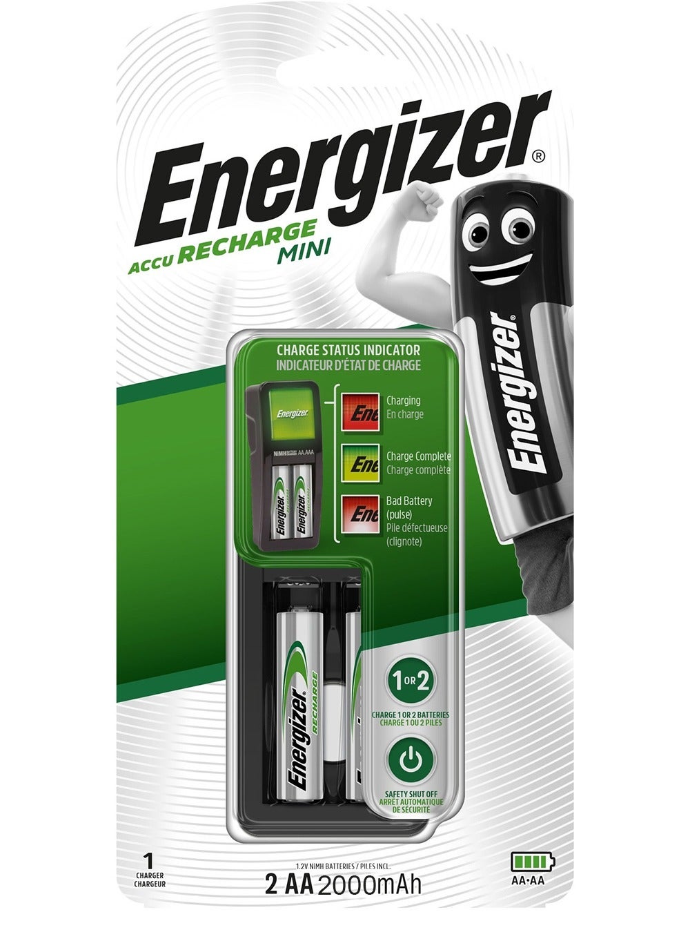 شاحن بطاريات Energizer مع 2 بطارية AA قابلة للشحن 2000mAh