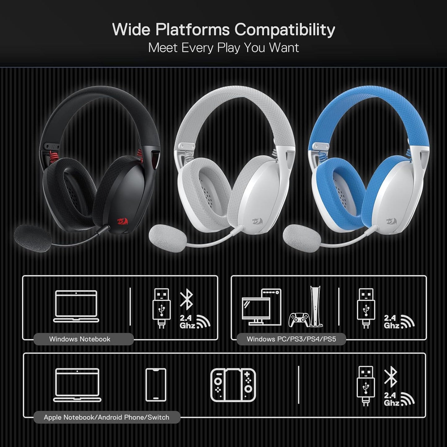 Redragon H848 IRE PRO Wireless / Bluetooth / Wired Gaming Headset – 7.1 Surround Sound