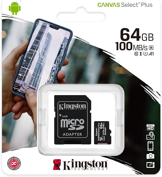Kingston 64GB micSDXC Canvas Select Plus 100R A1 C10 Card + ADP, SDCS2/64GB, black