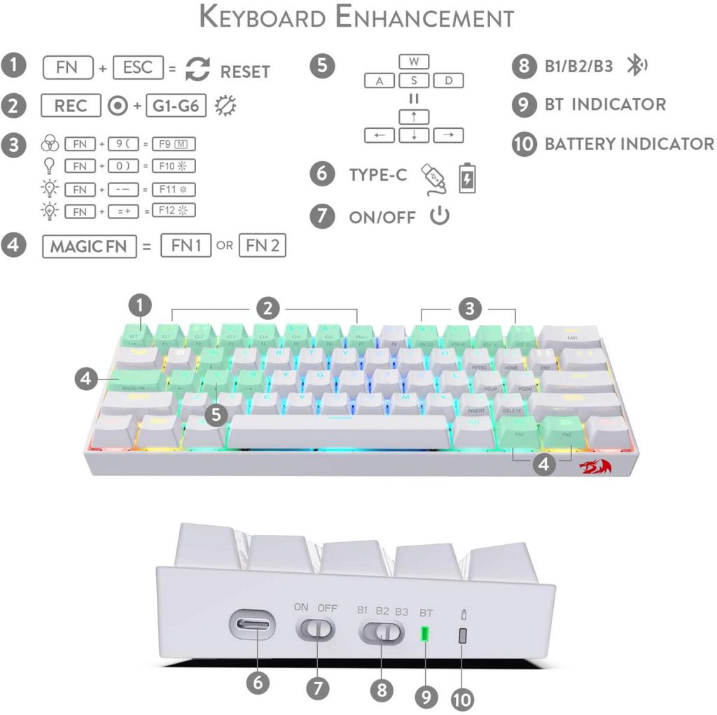 REDRAGON K530 Draconic RGB 60% Gaming Wireless Mechanical Keyboard, Brown Switches (White)