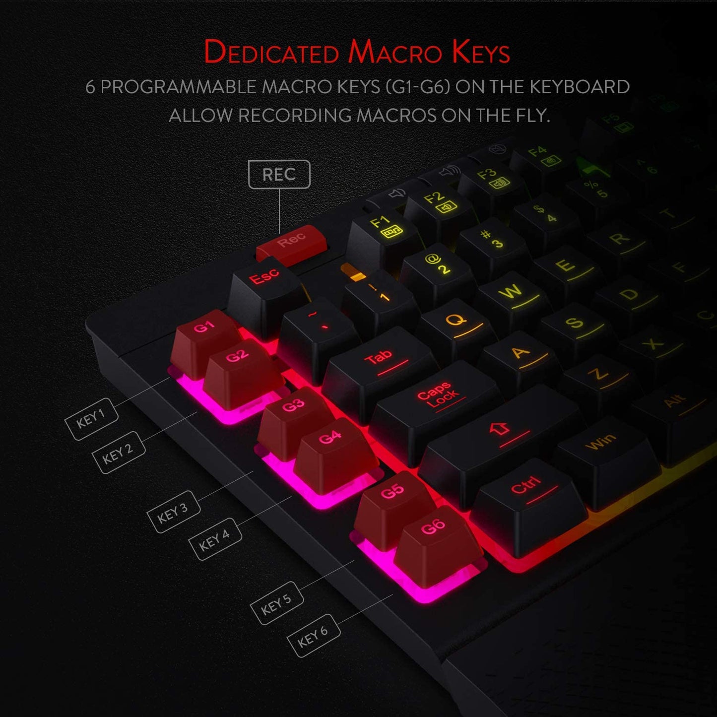 Redragon K512 Shiva RGB Gaming Keyboard with Multimedia Keys, 6 Extra On-Board Macro Keys, Dedicated Media Control, Detachable Wrist Rest (Black)